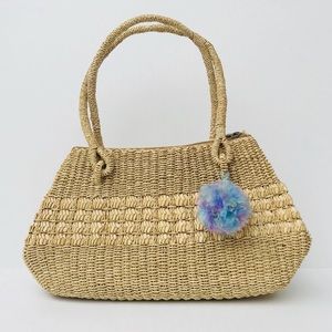Basket Weave Handbag with Pom Pom